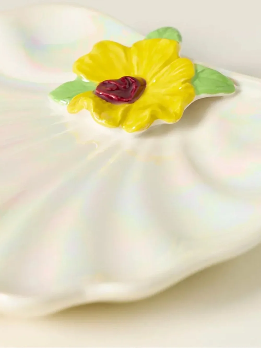 Anthropologie Sirena Stoneware Oyster Shell Yellow Floral Plate or Trinket Tray